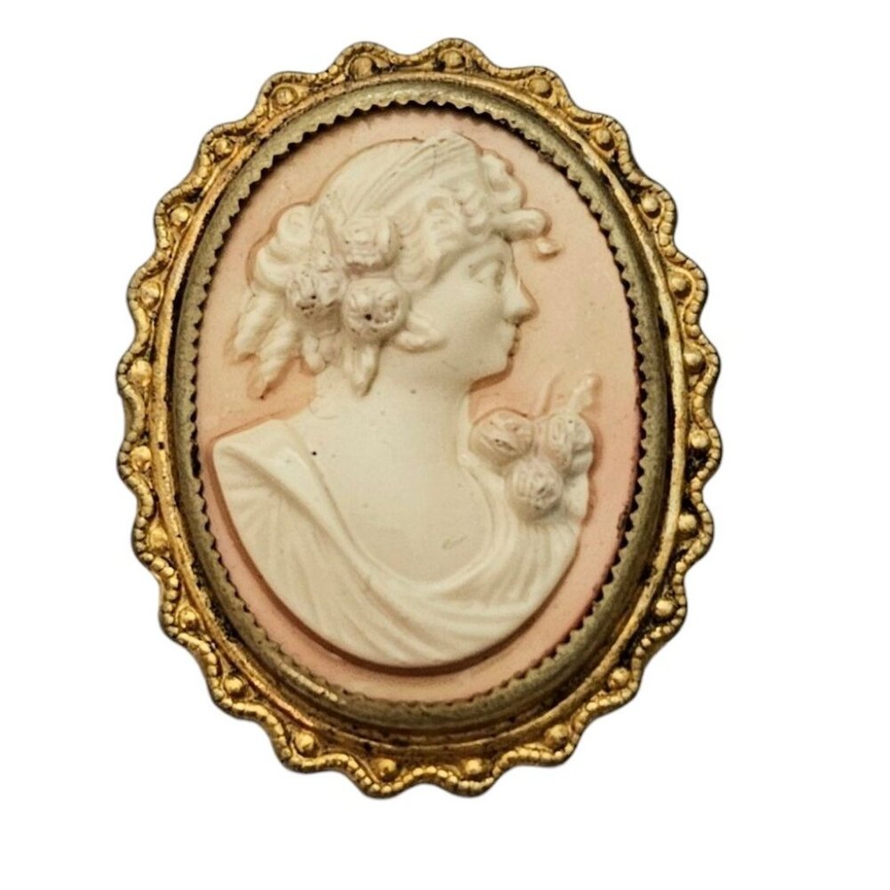 Pink Celluloid Plastic Cameo Pin, C Clasp L562